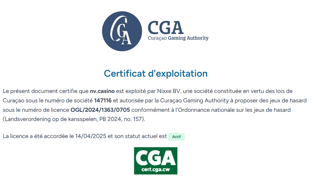 NV Casino certificat d’exploitation de la Curaçao Gaming Authority avec licence OGL/2024/1363/0705 active