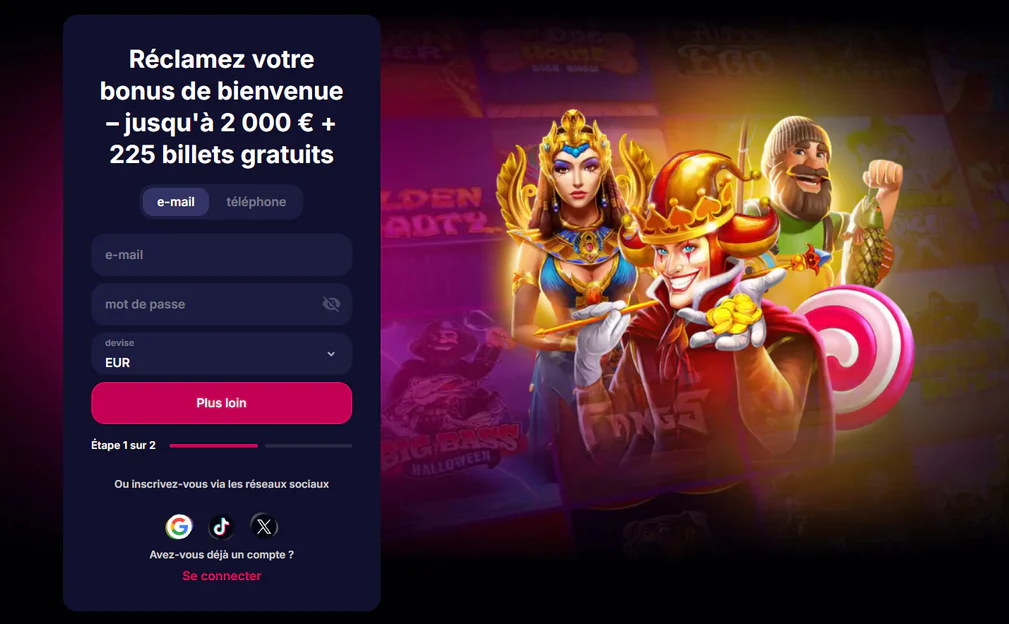 NV Casino formulaire d’inscription avec bonus de bienvenue jusqu’à 2 000 € et 225 billets gratuits, e-mail, mot de passe et connexion via réseaux sociaux