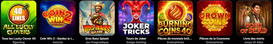 NV Casino sélection de machines à sous avec All Lucky Clovers 40, Coin Win 2, Big Bass Splash, Joker Tricks, Burning Coins 40 et Book of Dead